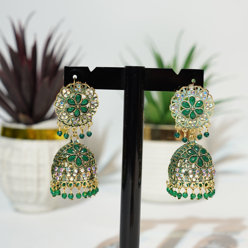Green & Gold Filigree Jhumkas
