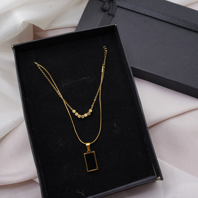 Dual Gold Necklaces – Beaded Curve & Black Pendant