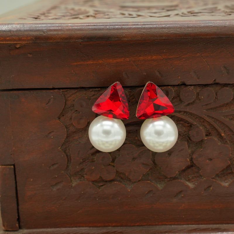 Red Gem & Pearl Drop Earrings
